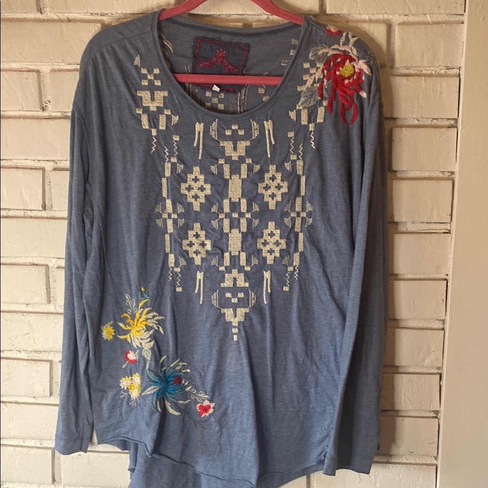 Johnny Was Embroidered Blue Long Sleeve Top